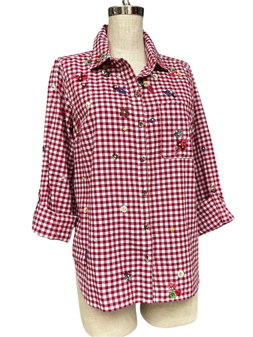 Maeve Red White Gingham Embellished Button Front Shirt Medium, Summer Shirt